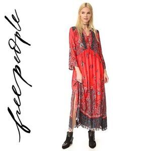 Free People If You Only Knew Maxi Dress Red Boho Peasant Caftan Cottagecore S